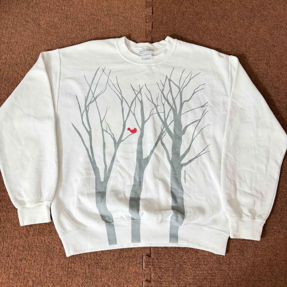 Marushka Vintage Graphic Sweatshirt White Cardinal Trees Nature Print Men Medium